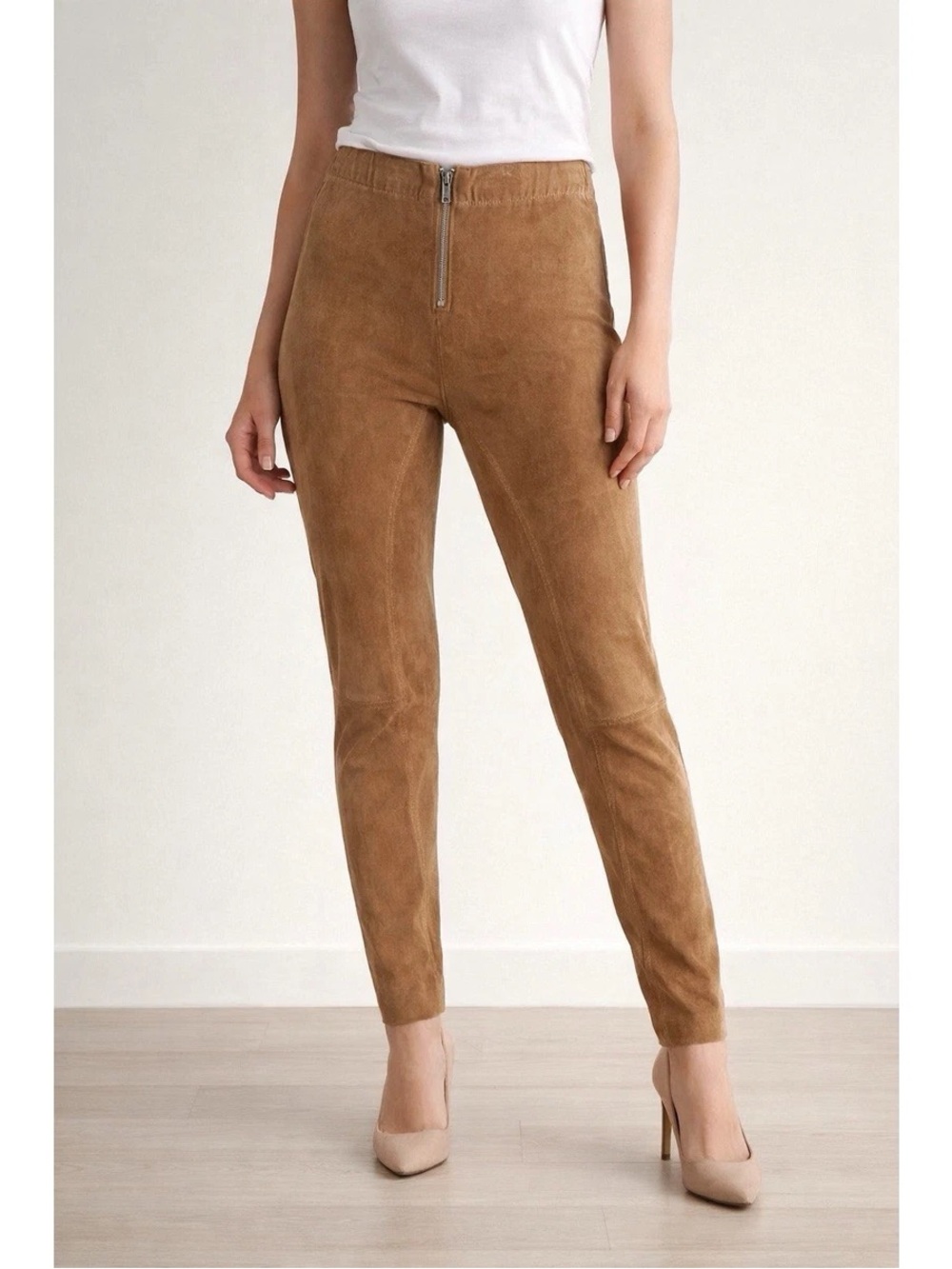 Alice + Olivia / Genuine Suede lambskin zip skinny legging Pants Camel 0